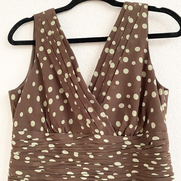 Suzi Chin Womens Size 10 Brown Green Polka Dot Empire Waist Silk Dress - Picture 5 of 16